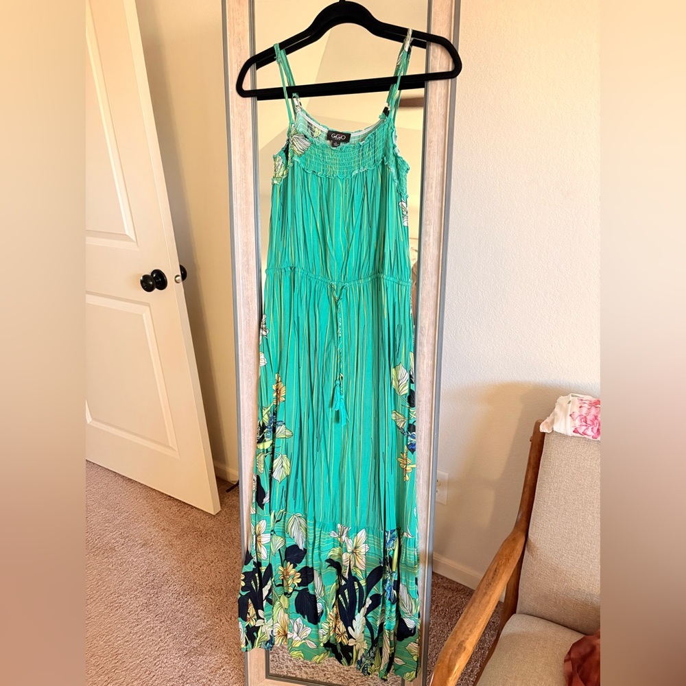 Maxi dress tropical cinched waist with tassel adjustable straps floral summer